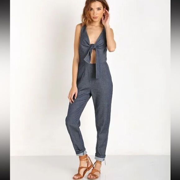 Solid & Striped Silk Cotton Denim Sleeveless Jumpsuit - Picture 1 of 9